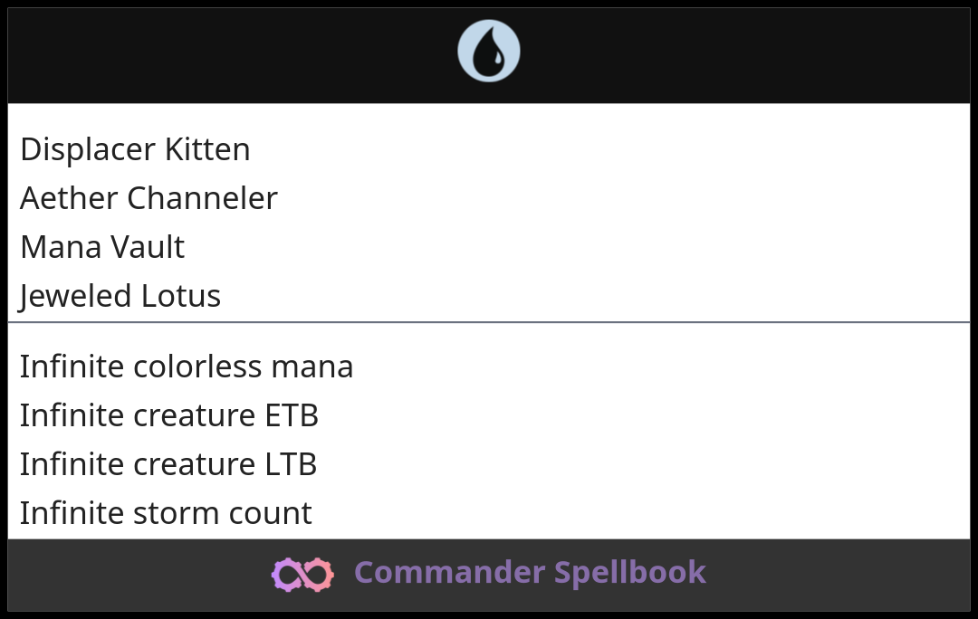 Displacer Kitten | Aether Channeler | Mana Vault (and one other card)