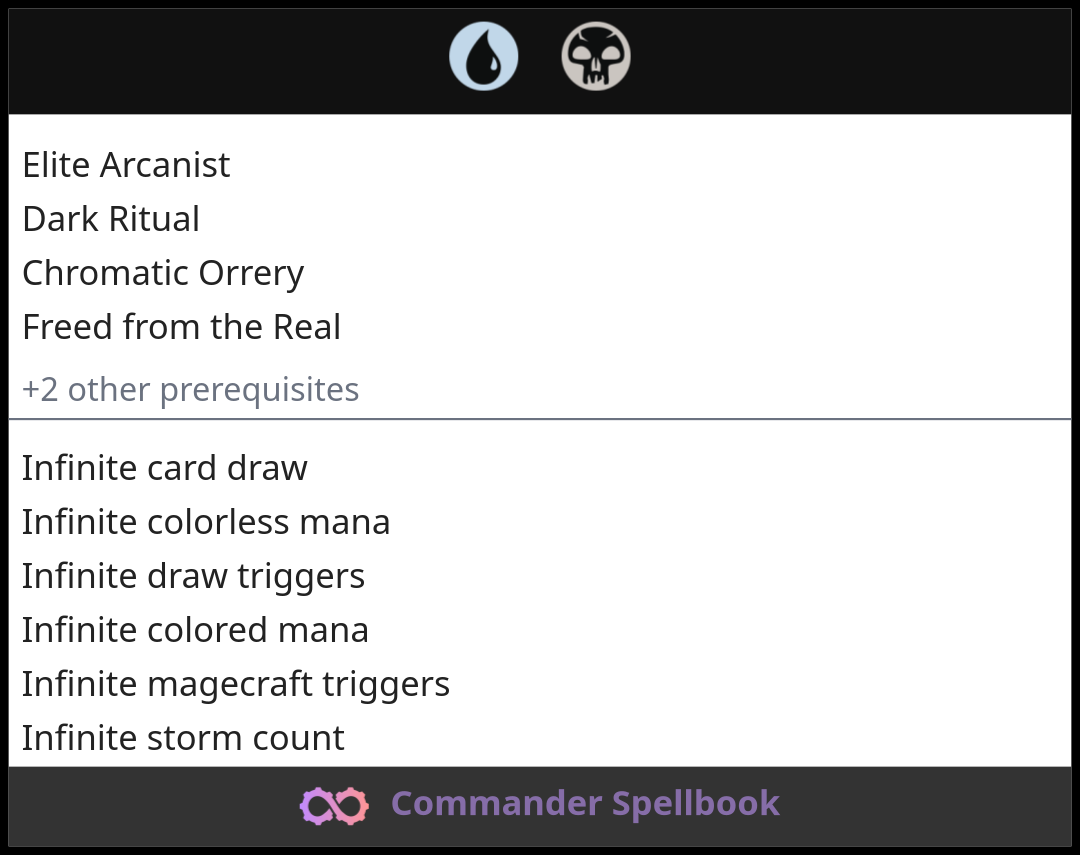 Elite Arcanist | Dark Ritual | Chromatic Orrery (and one other card)