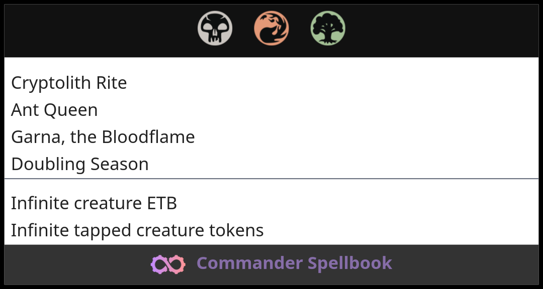 Cryptolith Rite | Ant Queen | Garna, the Bloodflame (and one other card)