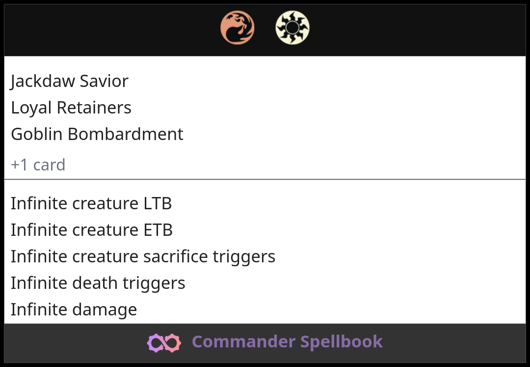 Jackdaw Savior + Loyal Retainers + Goblin Bombardment (and one other ...