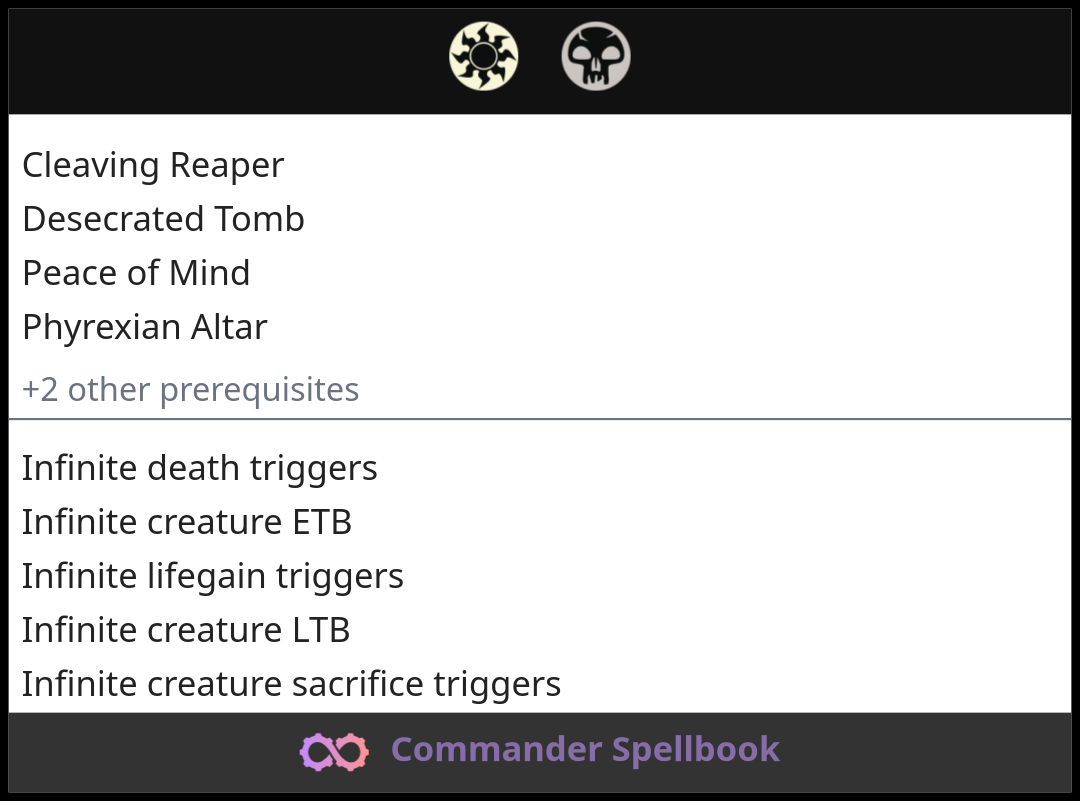 Cleaving Reaper | Desecrated Tomb | Peace of Mind (and one other card)