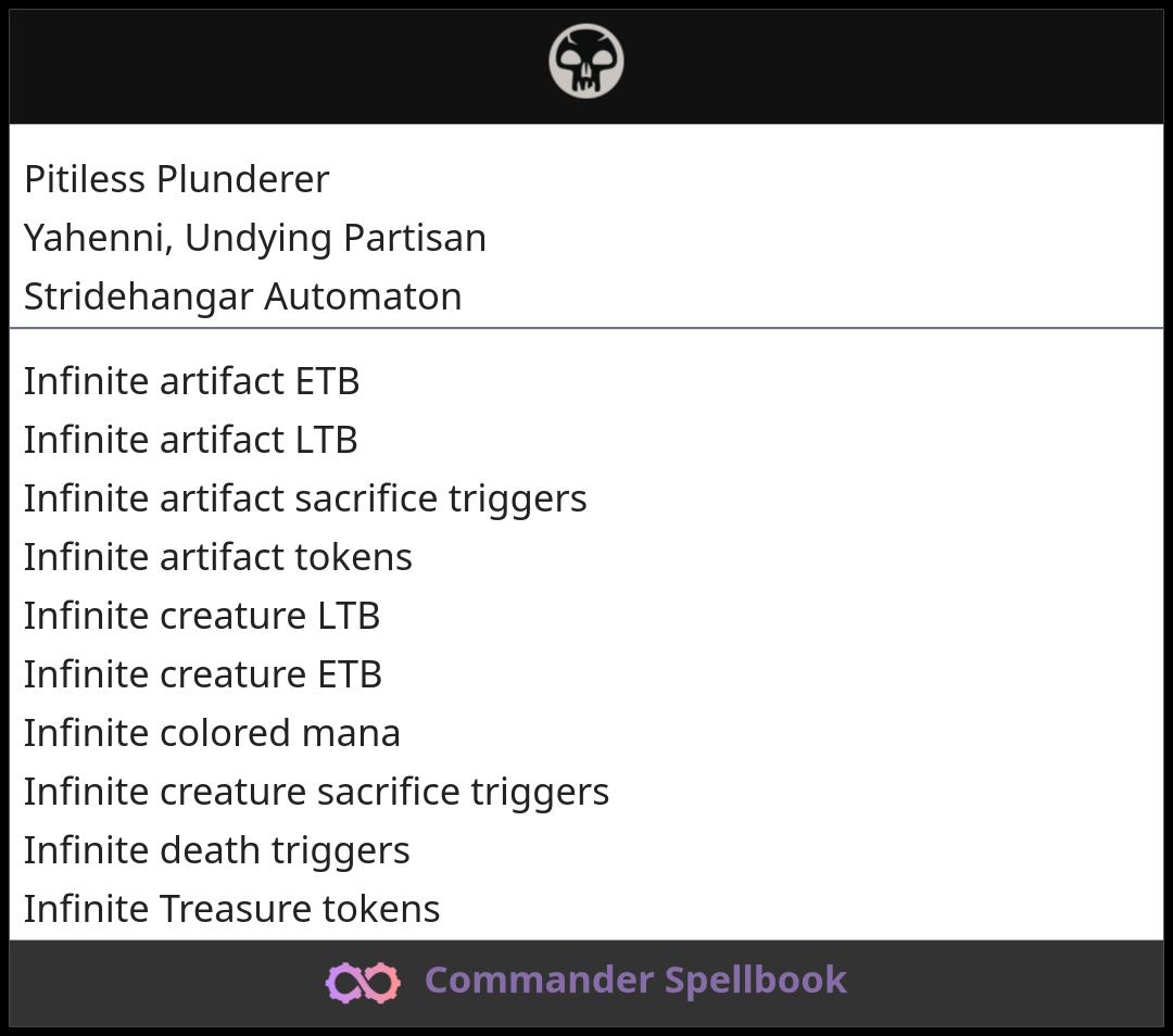 Pitiless Plunderer | Yahenni, Undying Partisan | Stridehangar Automaton