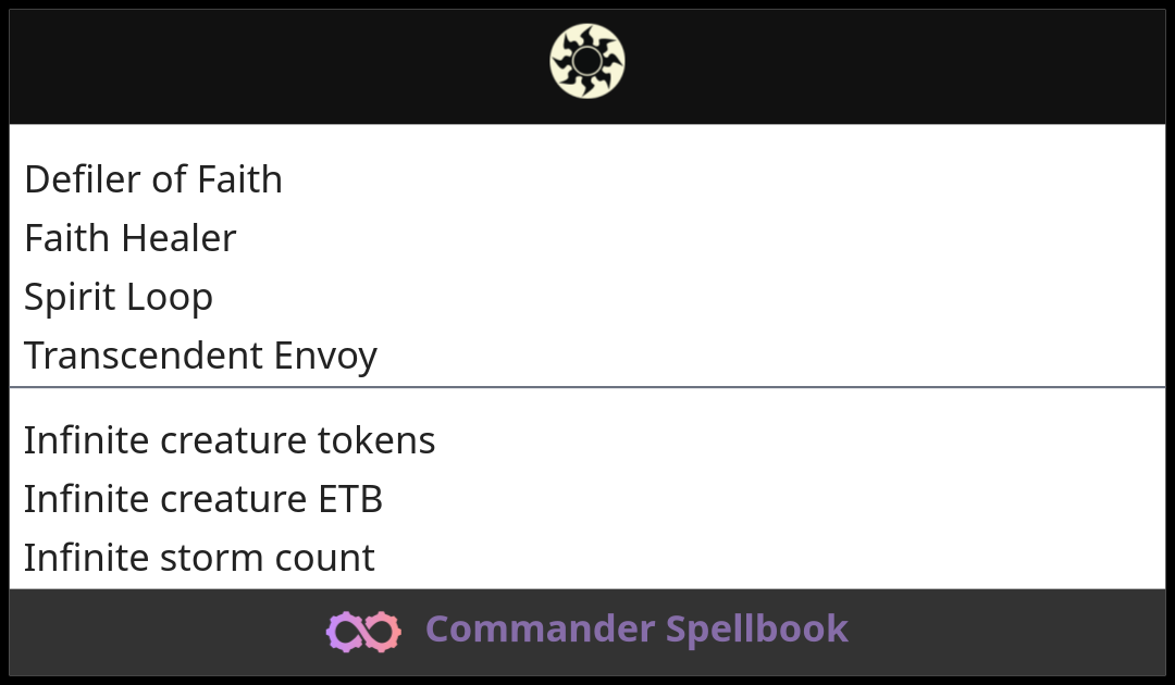 Defiler of Faith | Faith Healer | Spirit Loop (and one other card)